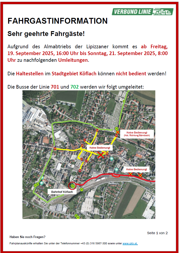 Fahrgastinfo Almabtrieb 2025 Sperre Köflach Hauptplatz 19. 21.09.2025 Seite 1