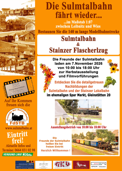 Die Freunde der Sulmtalbahn laden am 07. November 2026 zur Herbstausstellung und Filmvorführungen