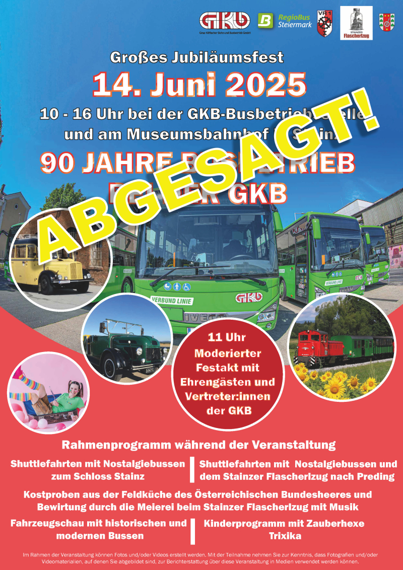 Absage der Feierlichkeiten zum Jubiläum 90 Jahre Busbetrieb bei der GKB in Stainz!